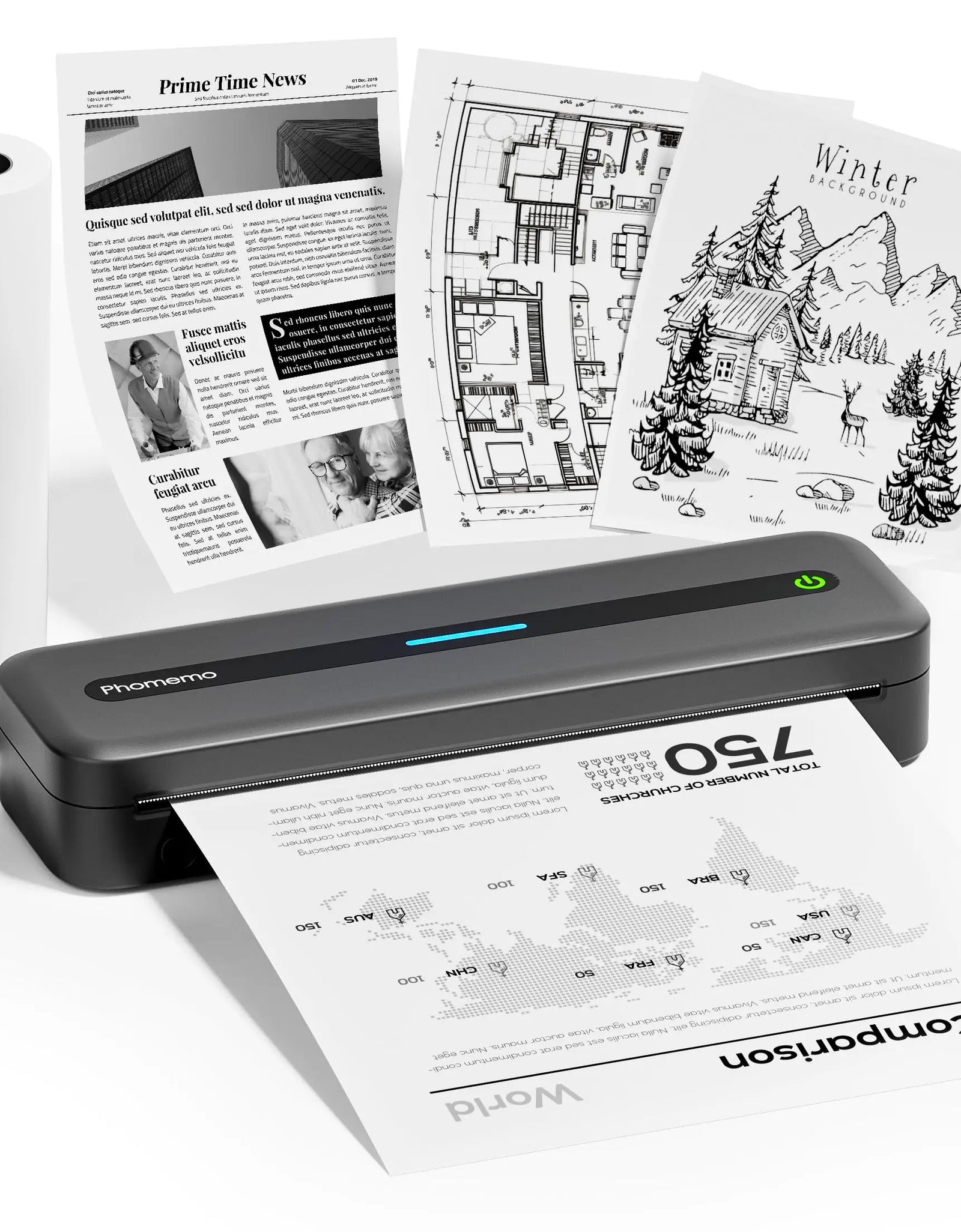 M832 Portable Printer A4 BT Printer for Travel 300Dpi Wireless Inkless Thermal Printer Use in Ios Android Phone Laptop