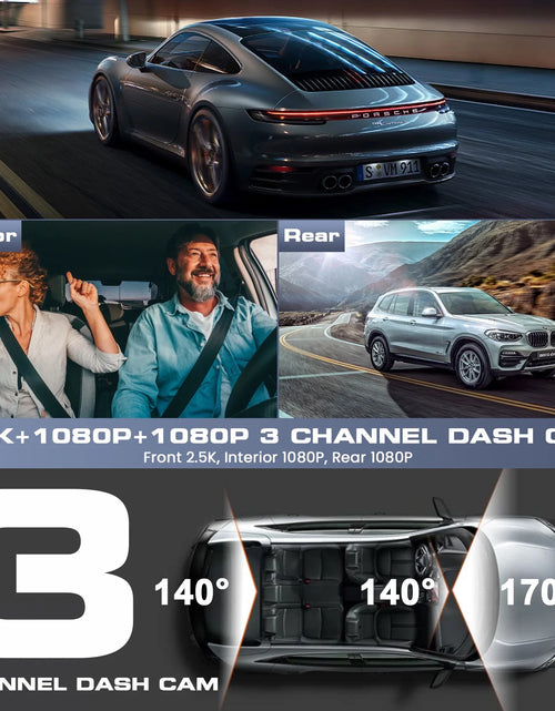 Load image into Gallery viewer, 3 Channel Dash Cam Front and Rear, 4K/2.5K + 1080P Premium Car Camera for Cars with Wi-Fi GPS, Night Vision, 3.16" IPS Touchscreen, 24H Parking Mode, WDR, Type-C, 64GB SD Card Included
