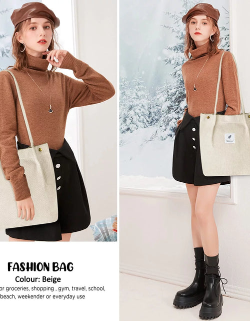 Load image into Gallery viewer, Corduroy Tote Bag Large for Women Girl Lady Canvas Shoulder Cord Purse and Handbags with Inner Pocket (Beige)
