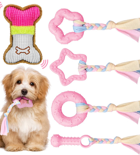 5 Pack Puppy Chew Toys for Teething Small Dogs, Pink Rubber Puppy Teething Toys Plush Squeaky Dog Toys for Cleaning Teeth Interactive Pet Doggy Bone Toys