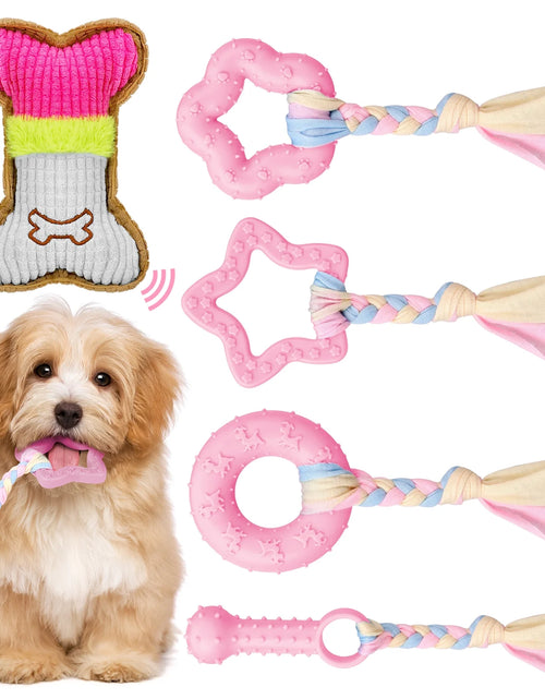 Load image into Gallery viewer, 5 Pack Puppy Chew Toys for Teething Small Dogs, Pink Rubber Puppy Teething Toys Plush Squeaky Dog Toys for Cleaning Teeth Interactive Pet Doggy Bone Toys
