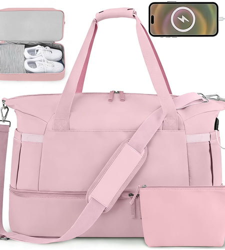 Travel Duffel Bag for Women Gym Bag with USB Charging Port Large Weekender Overnight Bag Yoga Duffle Bags with Wet Pocket and Shoes Compartment, Pink