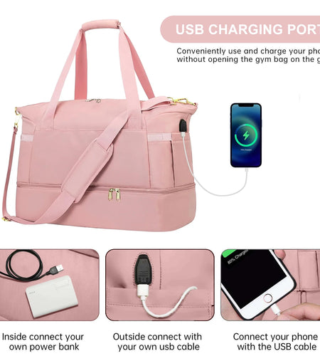 Travel Duffel Bag for Women Gym Bag with USB Charging Port Large Weekender Overnight Bag Yoga Duffle Bags with Wet Pocket and Shoes Compartment, Pink