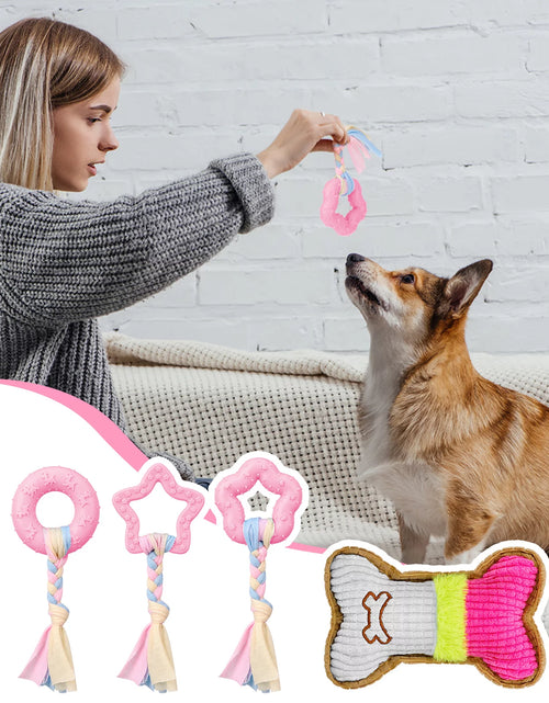 Load image into Gallery viewer, 5 Pack Puppy Chew Toys for Teething Small Dogs, Pink Rubber Puppy Teething Toys Plush Squeaky Dog Toys for Cleaning Teeth Interactive Pet Doggy Bone Toys
