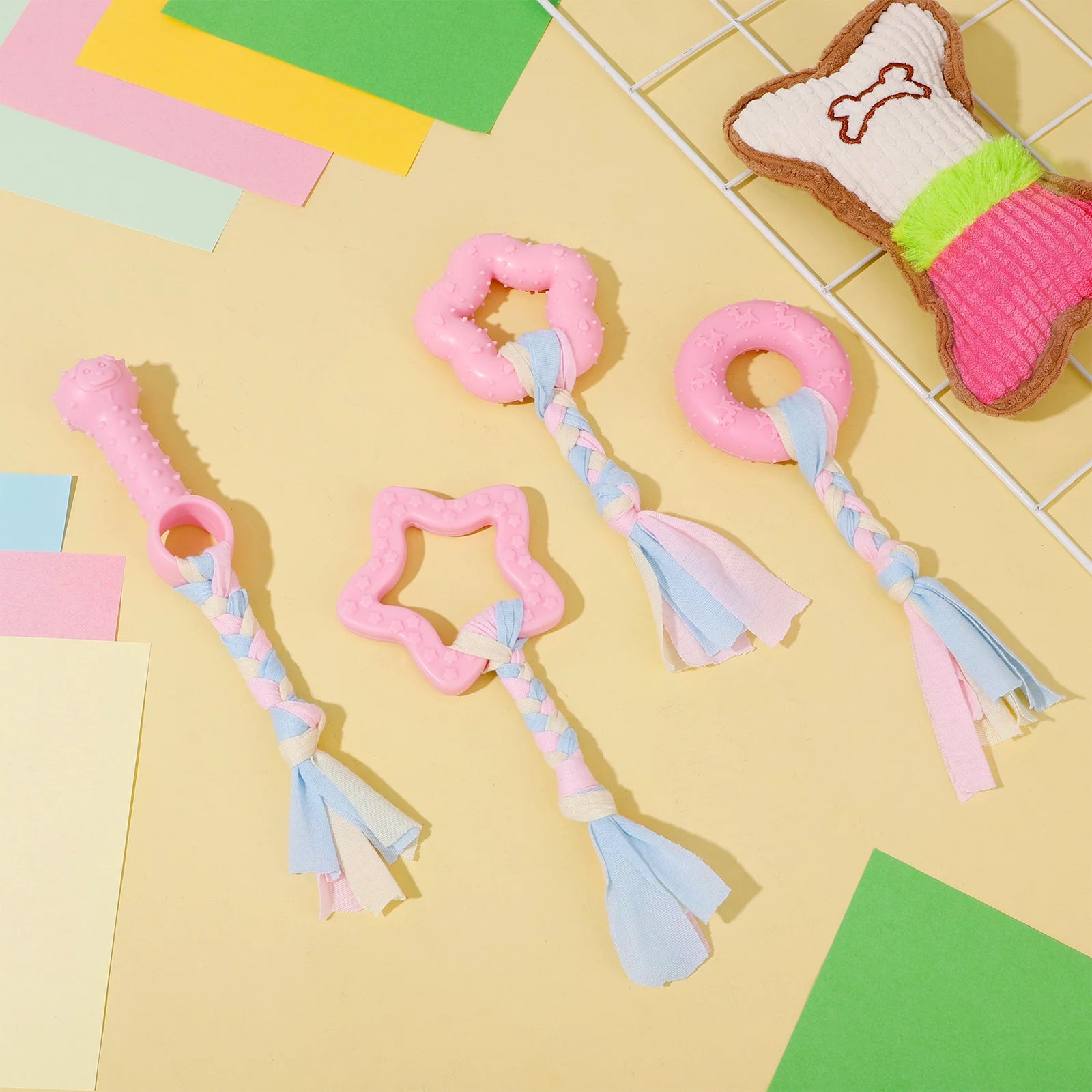 5 Pack Puppy Chew Toys for Teething Small Dogs, Pink Rubber Puppy Teething Toys Plush Squeaky Dog Toys for Cleaning Teeth Interactive Pet Doggy Bone Toys