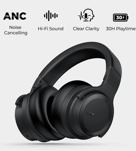 Bluetooth Headphones Active Noise Cancelling Headphones Wireless Headphones over Ear with Mic Deep Bass, Comfortable Protein Earpads, 30 Hours Playtime for Travel/Work, Black