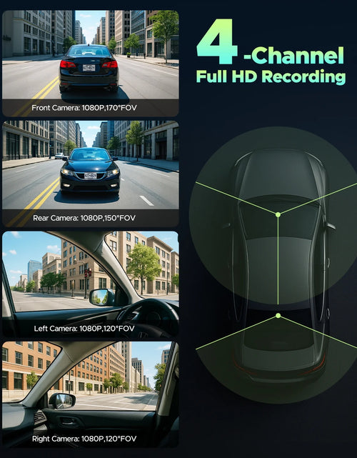 Load image into Gallery viewer, 4 Channel Dash Cam Front and Rear inside with 24H Parking Monitor, 360 Degree View 5G Wifi Dash Camera, IR Night Vision Dashcam, G-Sensor, Free 128GB Card &amp; Hardwire Kit
