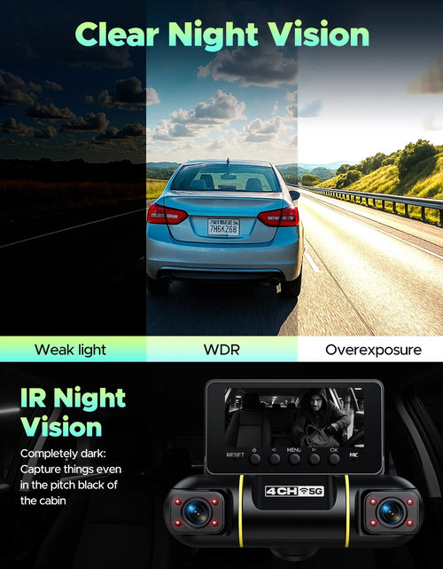 Load image into Gallery viewer, 4 Channel Dash Cam Front and Rear inside with 24H Parking Monitor, 360 Degree View 5G Wifi Dash Camera, IR Night Vision Dashcam, G-Sensor, Free 128GB Card &amp; Hardwire Kit
