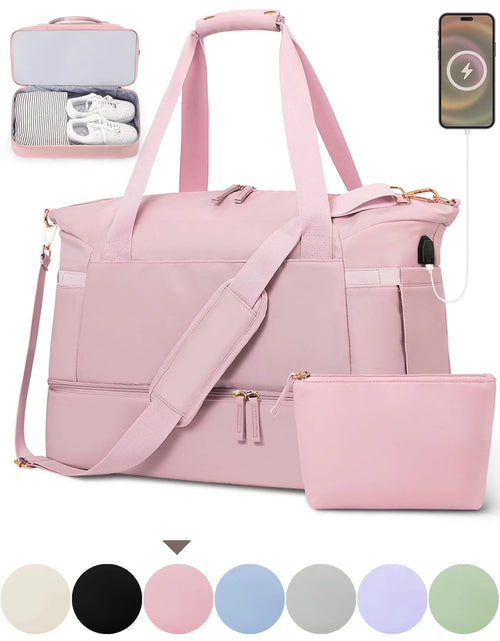 Load image into Gallery viewer, Travel Duffel Bag for Women Gym Bag with USB Charging Port Large Weekender Overnight Bag Yoga Duffle Bags with Wet Pocket and Shoes Compartment, Pink
