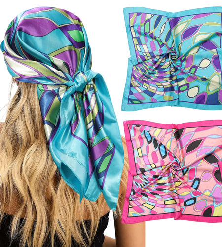 35” Large Satin Square Head Scarf - 2Pcs Silk Floral Head Scarves Women Hair Scarves Hair Bandanas