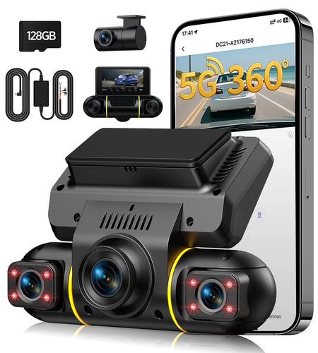 4 Channel Dash Cam Front and Rear inside with 24H Parking Monitor, 360 Degree View 5G Wifi Dash Camera, IR Night Vision Dashcam, G-Sensor, Free 128GB Card & Hardwire Kit