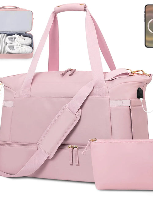 Load image into Gallery viewer, Travel Duffel Bag for Women Gym Bag with USB Charging Port Large Weekender Overnight Bag Yoga Duffle Bags with Wet Pocket and Shoes Compartment, Pink
