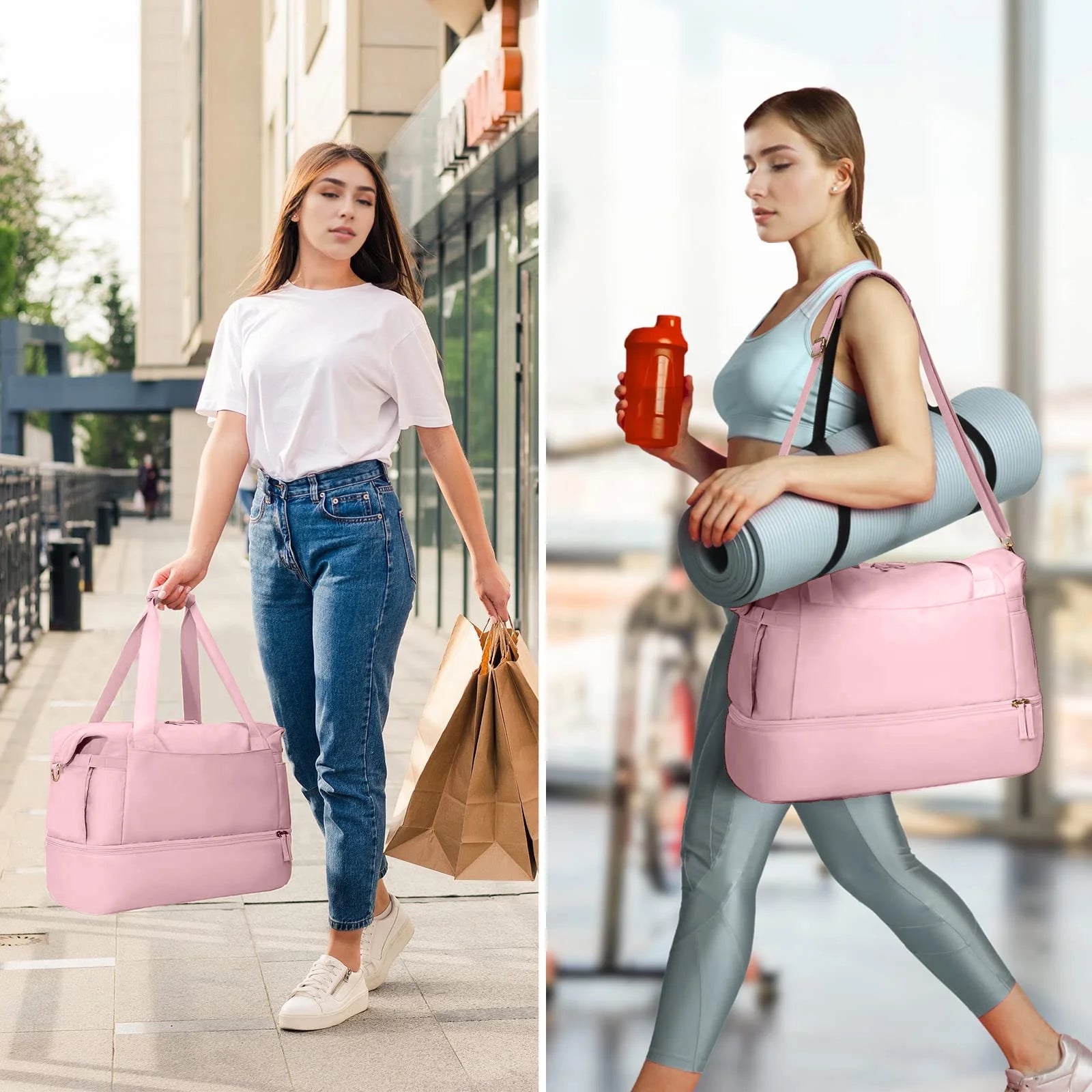 Travel Duffel Bag for Women Gym Bag with USB Charging Port Large Weekender Overnight Bag Yoga Duffle Bags with Wet Pocket and Shoes Compartment, Pink